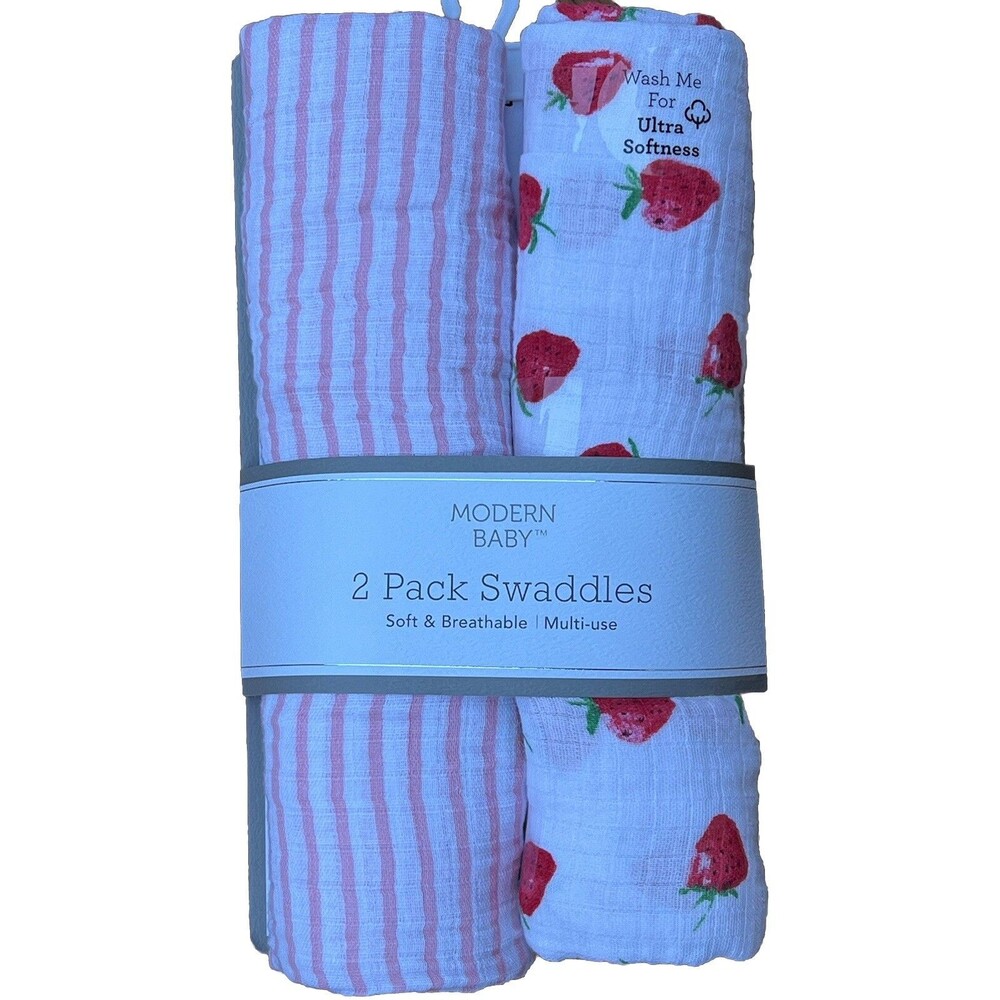 Modern Baby Strawberry 2Pk Muslin Swaddle Blanket 100% Cotton White Pink Girls